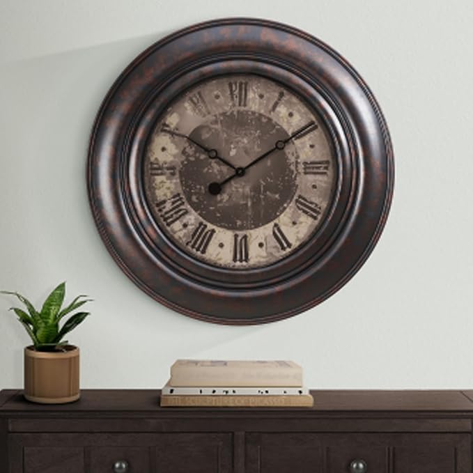 Extra Large Wall Clock, 30 Inch, Dark Bronze, Silent Non-Ticking Quartz Movement, Battery Operated, Decorative Roman Numeral, Vintage Clock Living Room, Office, Home Decor