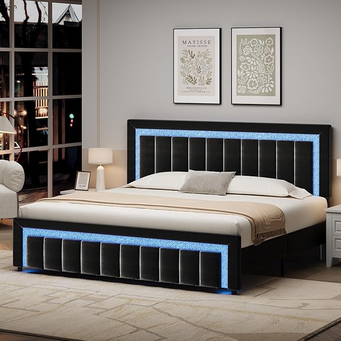 HOMBCK King Size Bed Frame with LED Lights and Velvet Upholstered Headboard, Bed Frame King with Modern Diamond Headboard Adjustable, Wooden Slats Support, Noise Free, No Box Spring Needed, Black