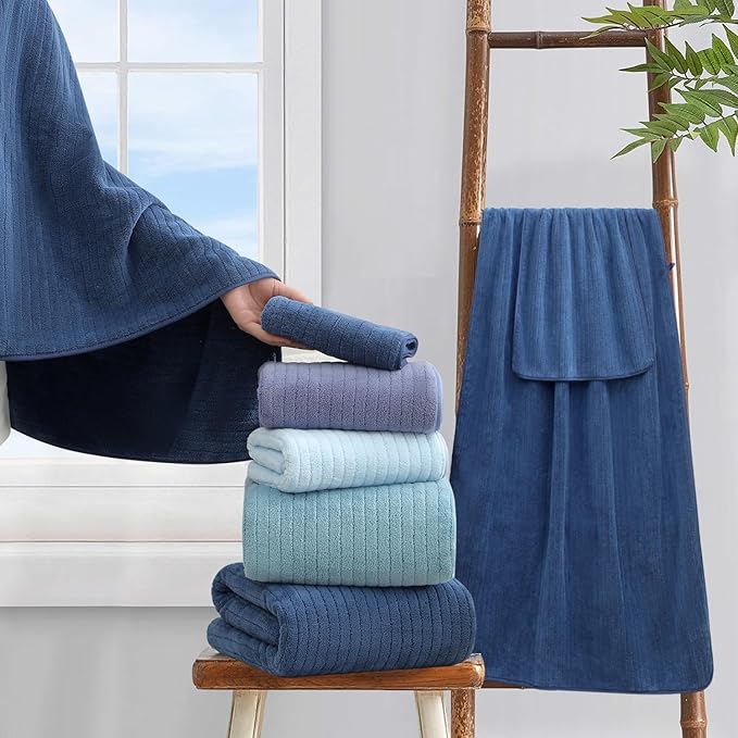 18 Piece Bath Towels Set,Soft Family Bathroom Towel Set with Hanging Loops-6 Bath Towels,6 Hand Towels,6 Washcloths,Highly Absorbent Quick Dry Shower Towel for Bathroom,Hotel,Spa-Navy Blue Towel Set