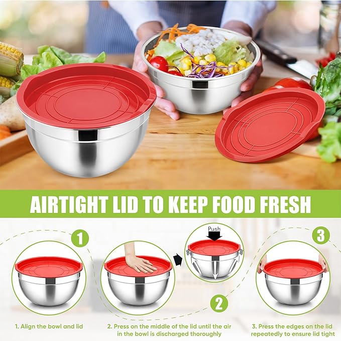 P&P CHEF Mixing Bowl with Airtight Lid Set of 5, 10-Piece Stainless Steel Nesting Salad Bowl Set for Prepping, Mixing and Serving, Size 4.6, 3, 1.5, 1, 0.7 QT, Rimmed Edges & Flat Base, Red