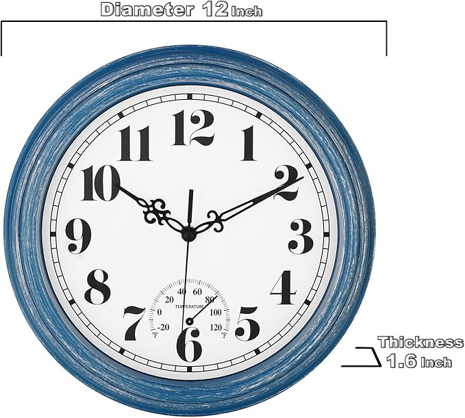 zyzamay 12 Inch Indoor Outdoor Clocks,Waterproof Wall Clock with Thermometer,Easy to Read,Non-Ticking Battery Operated Quality Quartz Clock, Decorative for Patio,Porch,Pool,Bathroom,Deck(Blue)