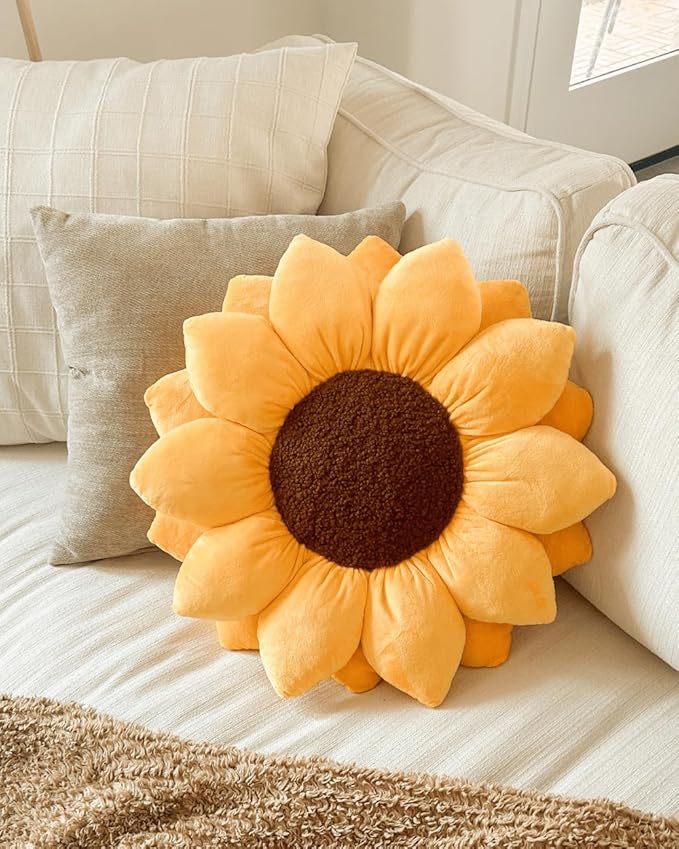 Green Philosophy Co. Flower Pillow, 3D Sunflower Shaped Decorative Throw Pillow - Soft Plush Cushion for Bed and Couch, Cute Boho & Cottagecore Home Decor Accent, Golden Yellow