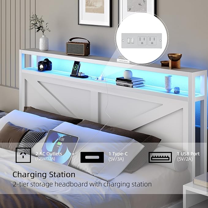 Twin Bed Frame with Charging Station and LED Lights, Twin Size Metal Platform Bed Frame with Storage and Rustic Barn Door Headboard, Heavy Duty Steel Slats Support, No Box Spring Needed, White