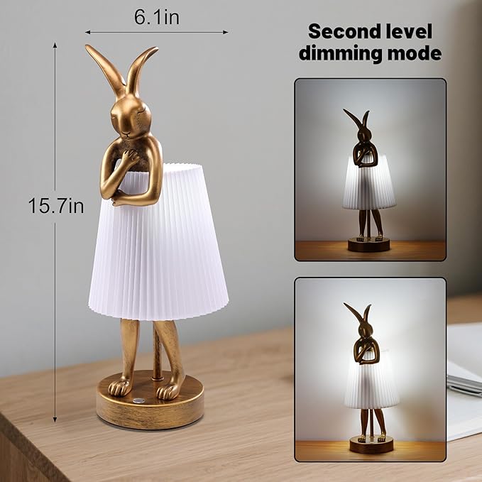 Rabbit Lamp, Bunny Desk Light with Pleated Shade, Big Face Novelty LED Night Light, Cordless Rechargeable Battery Operated, Whimsical Art Deco Home Office Decor Gift for Bedroom, Kids Room