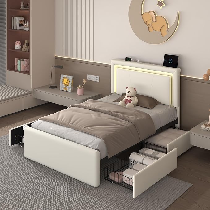 Twin Size Bed Frame with 4 Storage Drawers and LED Lights, Upholstered Platform Bed with Adjustable Headboard and Charging Station, Metal Slats Support, No Box Spring Needed,Easy Assembly, White