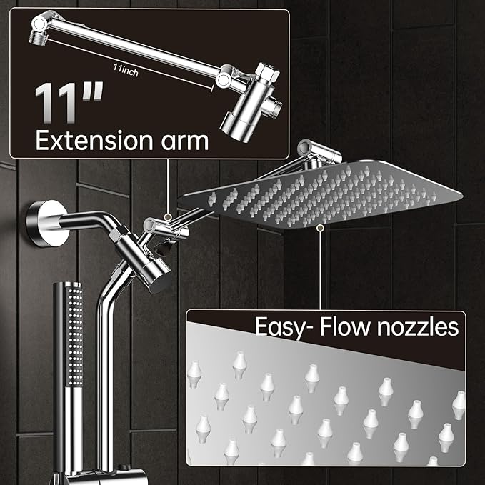 Veken Shower Head, 10'' Luxury All Metal Rain Shower Heads with Handheld Spray Combo, Hand Held Bathroom Combo with Adjustable Extension Arm, Bathroom Accessories, Dual Rainfall Showerhead Chrome
