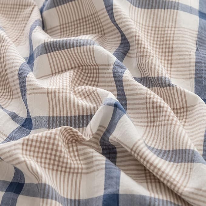 FACE TWO FACE Bedding Duvet Cover Set100% Washed Cotton Duvet Cover Linen Like Textured Breathable Durable Soft Comfy(Full, Blue Grid)