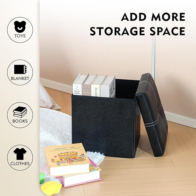 B FSOBEIIALEO Storage Ottoman with Faux Leather Foldable Small Square Foot Rest Stools Coffee Table Black 11.8"X 11.8" X 11.8"