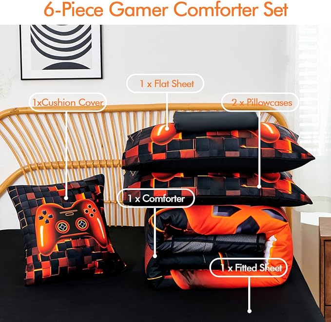PERFEMET 6-Piece Gamer Comforter Black Orange Video Game Boys Bedding Set for Kids Teens Bedroom 3D Cool Soft Fluffy Gaming Bed in A Bag Set with Sheets(Orange, Queen)