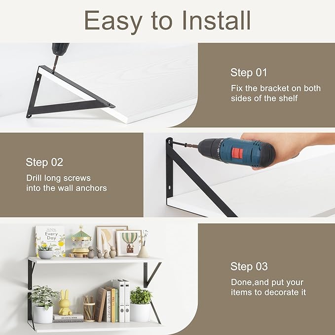 Fun Memories Deep Floating Shelves, 55W x 12D Floating Shelves for Wall, Wood White Floating Shelf with Bracket, Wide Display & Storage Wall Shelves for Living Room, Bedroom,