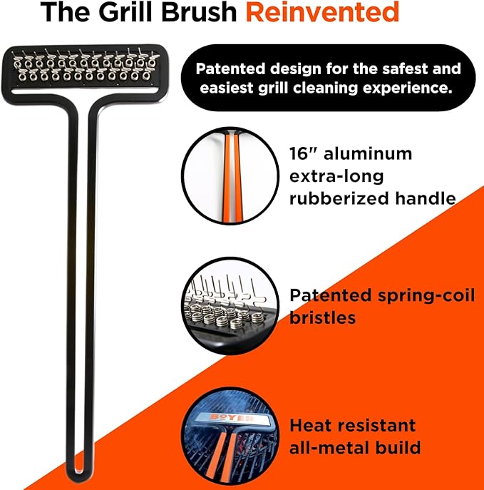 The Boyer Brush™ - The Safest Grill Brush, Wire-Bristle Free, All-Metal Construction, Cast Aluminum Body, Stainless Steel Wire Spring Coil, Fire Resistant