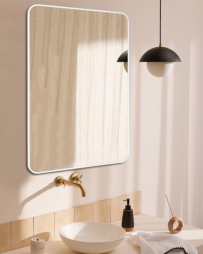 White Bathroom Mirror,20 x 30 Inch Rectangle Wall Mirror with Wood Frame,Vanity Modern Tempered Glass Mirror for Bedroom,Entryway,Living Room