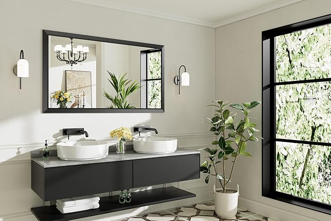 55x32 Inch Black Bathroom Mirror for Wall, Thick Metal Framed Rectangle Mirrors for Over Sink, Bedroom, Living Room, Entryway, Anti-Rust, HD Tempered Glass