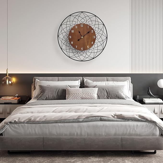 22 Inch Wood Wall Clocks, Silent Non Ticking Battery Operated Rustic Round Modern Decorative Clock for Living Room, Bedroom, Kitchen, Farmhouse, Office, Home Decor