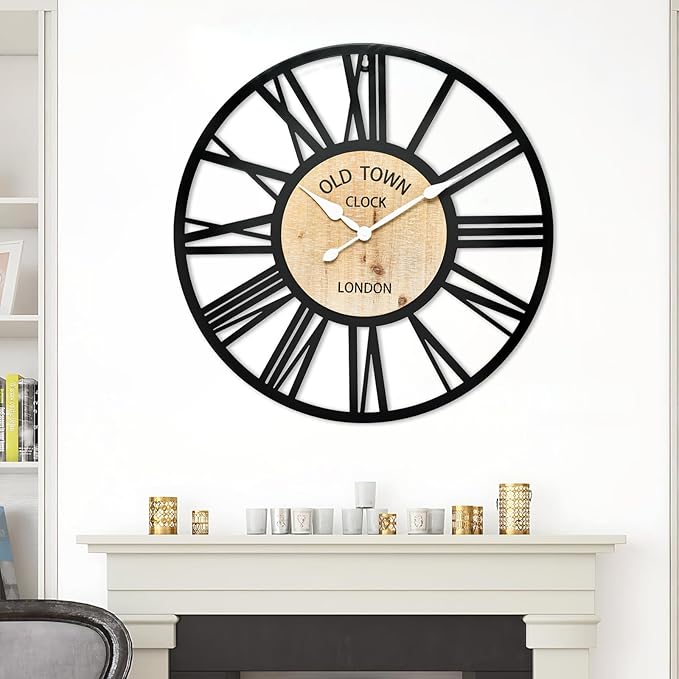 Large Old Town Wall Clock - Decorative Antique 24-inch Silent Non Ticking Clock for Farmhouse, Dining Room, Bedroom, Kitchen - Black Metal and Wood Clocks