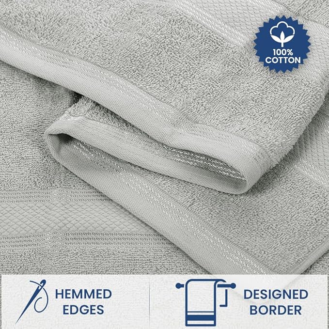 Casa Lino Bath Towel Set of 8 (2 Bath Towels, 4 Wash Cloths & 2 Hand Towels for Bathroom) - 100% Cotton - Highly Absorbent & Quick Dry - Guest Room Essentials for Bathroom Set - (Silver Grey)