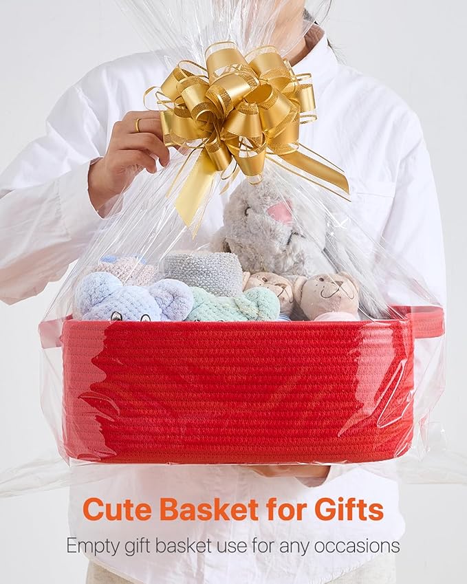 KALLAX Small Woven Basket, 14 x 10 x 5.6 Inches, Small Storage Baskets for Organizing, Gift Baskets Empty, Cute Rope Shelf Closet Storage Bins for Shelves, Dog Toy Basket, Red