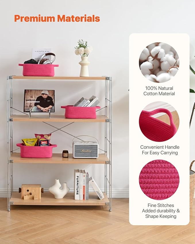 KALLAX Small Woven Basket, 12 x 8 x 4.5 Inches, Small Storage Baskets for Organizing, Gift Baskets Empty, Cute Rope Shelf Closet Storage Bins for Shelves, Dog Toy Basket, 3 Packs, Hot Pink