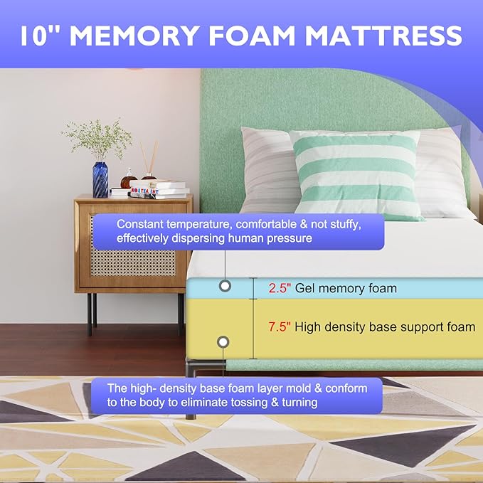 PayLessHere 10 Inch Gel Memory Foam Mattress Medium Firm Mattresses CertiPUR-US Certified Bed-in-a-Box Pressure Relieving Twin XL Size,Fiberglass Free,White