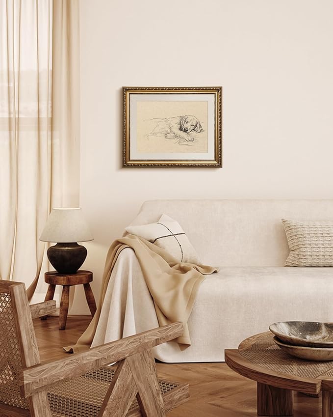 VIYYIEA Gold Framed Wall Art, Sleeping dog Canvas Print Home Decor Vintage Art Painting Picture Bathroom Wall Decor, Animals Artwork for Living Room Bedroom Kitchen Office - 16L x 13W