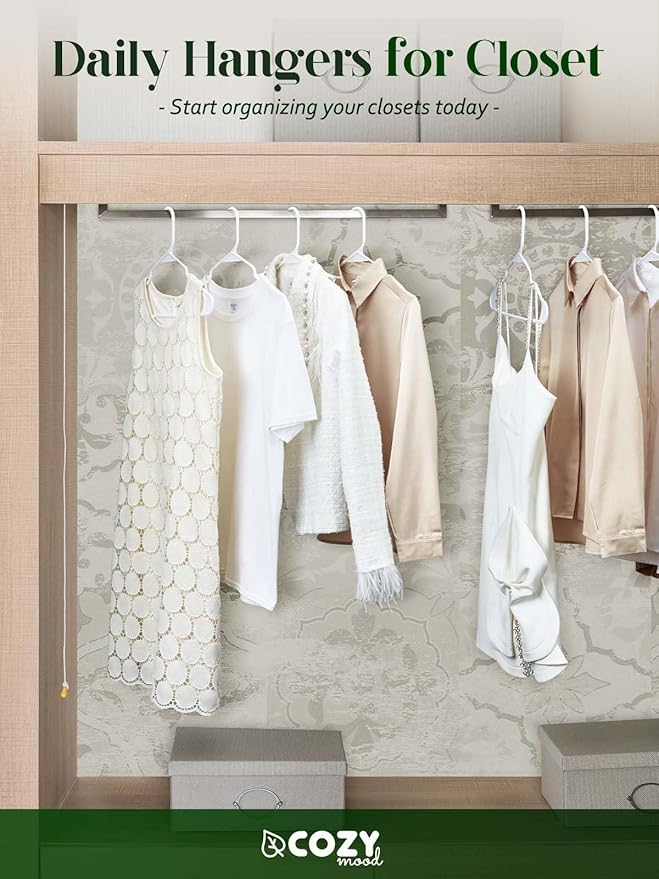 Cozymood Plastic Notched Hangers 50 Pack, Space Saving Tubular Clothes Hangers White, Slim Non-Slip Heavy Duty Plastic Hanger for Everyday Use, Standard Closet Hanger for Shirts, Coats, Dress, Skirts