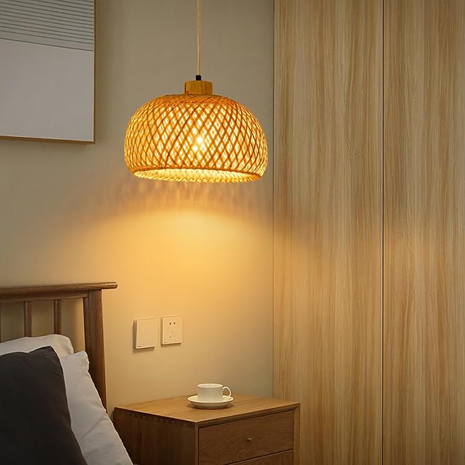 18inch Bamboo Rattan Pendant Light, Hand-Woven Wicker Boho Hanging Ceiling Light Fixture, Beige Pendant Lamp Rustic Farmhouse Chandelier for Kitchen Island, Dining Room, Bedroom, Living Room