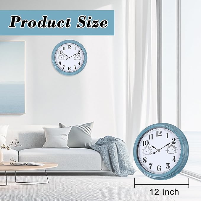 12 inch Outdoor Wall Clock, Plastic Waterproof Outdoor Clock with Temperature & Humidity, Water Resistant Wall Clocks for Patio Garden, Green
