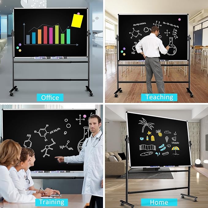 Mobile Dry Erase Blackboard 36 x 24, Magnetic Portable Black Dry Erase Board with Stand, Rolling Double Sided Chalkboard with Wheels - Easel Standing Black Board for Office, School & Home