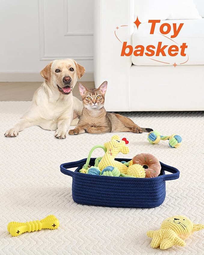 KALLAX Small Woven Basket, 12 x 8 x 4.5 Inches, Small Storage Baskets for Organizing, Gift Baskets Empty, Cute Rope Shelf Closet Storage Bins for Shelves, Dog Toy Basket, 3 Packs, Navy Blue