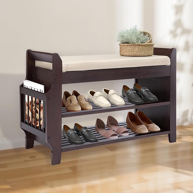 Bamboo Shoe Storage Bench, 3-Tier Shoe Rack with Padded Seat Cushion, Shoe Organizer Shelves for Entryway, Living Room, Bedroom, Hallway, White 31”