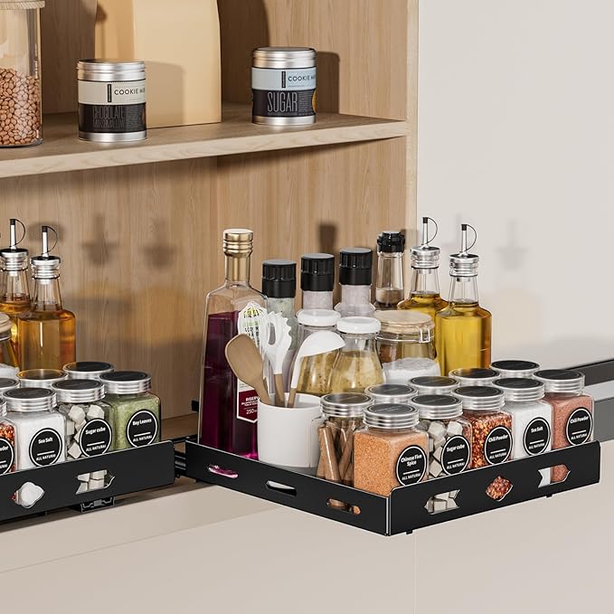 Pull Out Spice Rack Organizer for Cabinet, Heavy Duty Spice Organizer, Vertical Spice Rack Organizer for Kitchen, Cabinet, Pantry (10.5''Wx10.5''Dx2.8''H, Metal Black)
