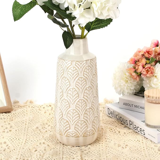 10 Inch White Ceramic Vase, Cute Flower Vase for Pampas Grass, Home, Living Room, Dining Table, Farmhouse, Office Decor, Bedroom, Table, and Kitchen Shelf