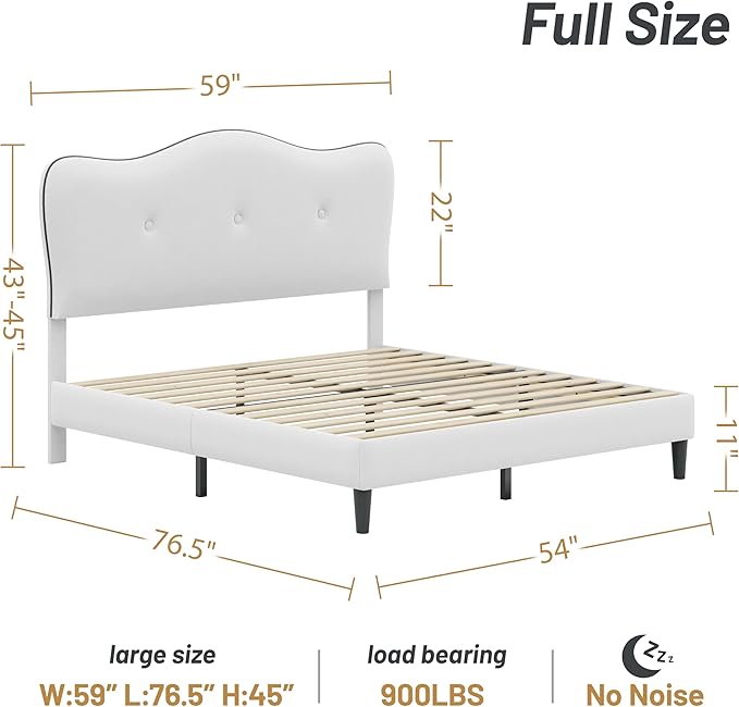 Full Size Bed Frame, Upholstered Bed Frame with Headboard, Platform Bed Frame with Wood Slats Support, No Box Spring Needed, Adjustable Height Headboard, White