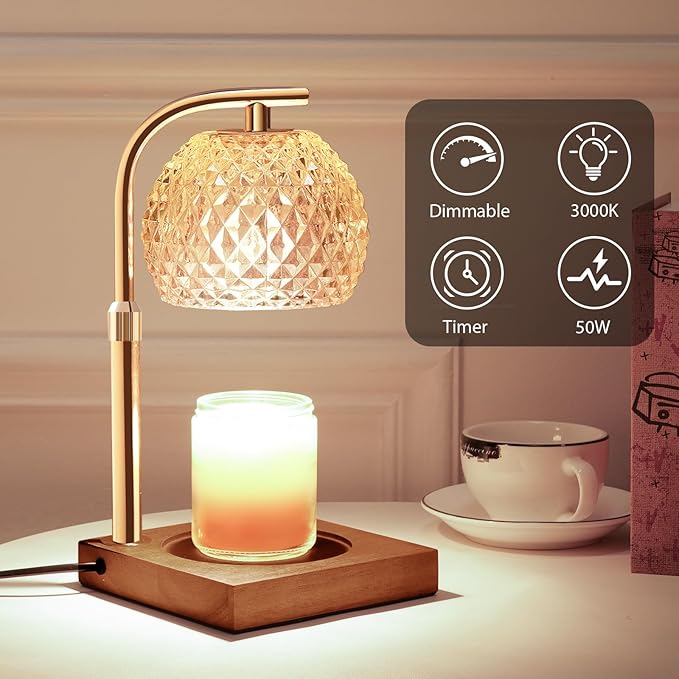 Mocalido Candle Warmer Lamp with Timer, Dimmable Electric Candle Warmer Adjustable Height, Top Candle Melter Warming Lamp for Scented Jar Candles, Amber