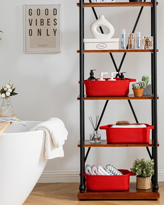 KALLAX Small Woven Basket, 12 x 8 x 4.5 Inches, Small Storage Baskets for Organizing, Gift Baskets Empty, Cute Rope Shelf Closet Storage Bins for Shelves, Dog Toy Basket, Red