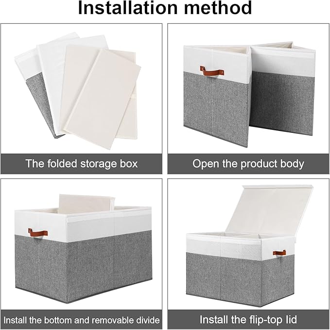 Large Toy Storage Box with Lid, Sturdy Toys Storage Chest Bin Organizer Basket with Dividers for Kids, Boys, Girls, Nursery, Closet, Bedroom, Playroom 26"x17" x17" (Grey and White)