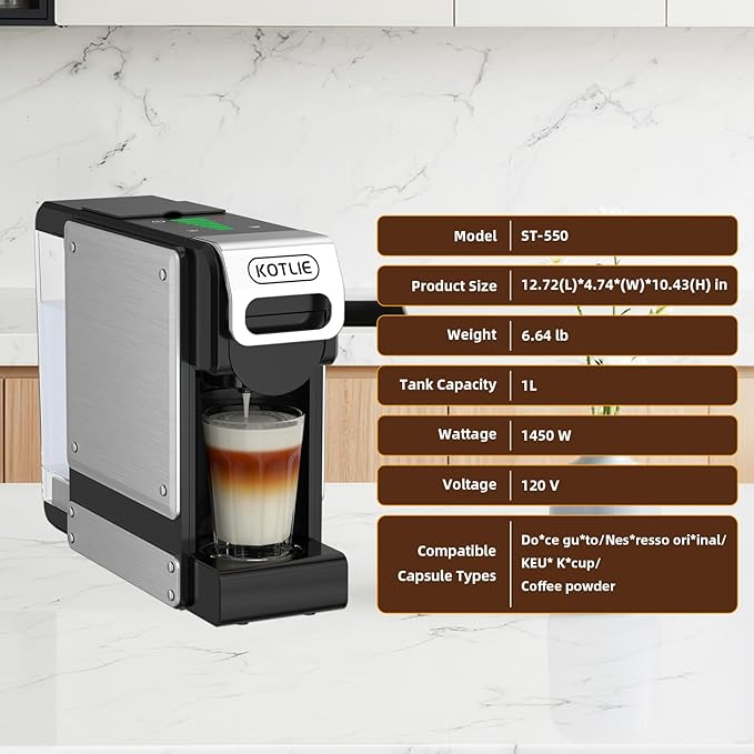 KOTLIE ST-550 Single Serve Coffee Maker, Espresso Capsule Coffee Maker for K*cup capsule/Ne*s Original/Dol*e Gu*to and Ground Coffee, 19Bar, 1L, Compact(Black)