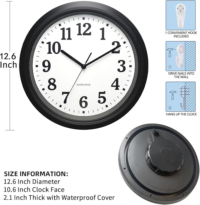 Caysie 12 Inch Sealed Indoor Outdoor Waterproof Wall Clock, Durable Silent Non-Ticking Battery Operated Quality Quartz Round Clock, Wall Decorative for Patio, Pool, Bathroom (Black)