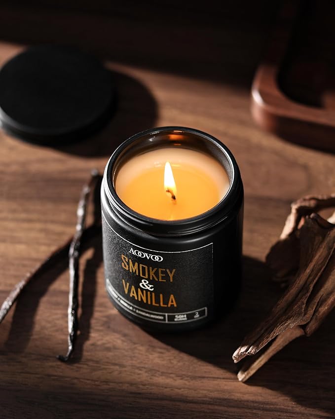 AOOVOO Scented Candles for Men - 4 Pack Candles for Home Scented, 28oz Soy Wax, 200 Hour Burn Time, Men Candle Set, Leather/Smoke & Vanilla/Whiskey Caramel/Lavender Candle Set