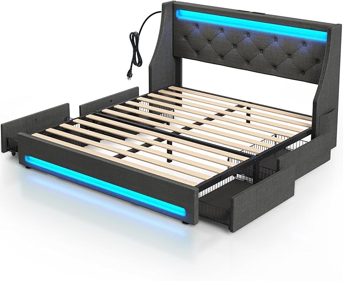 Rolanstar Full Bed Frame with LED Lights and Charging Station, Upholstered Bed with Drawers, Wooden Slats, Noise Free, Easy Assembly, Dark Gray