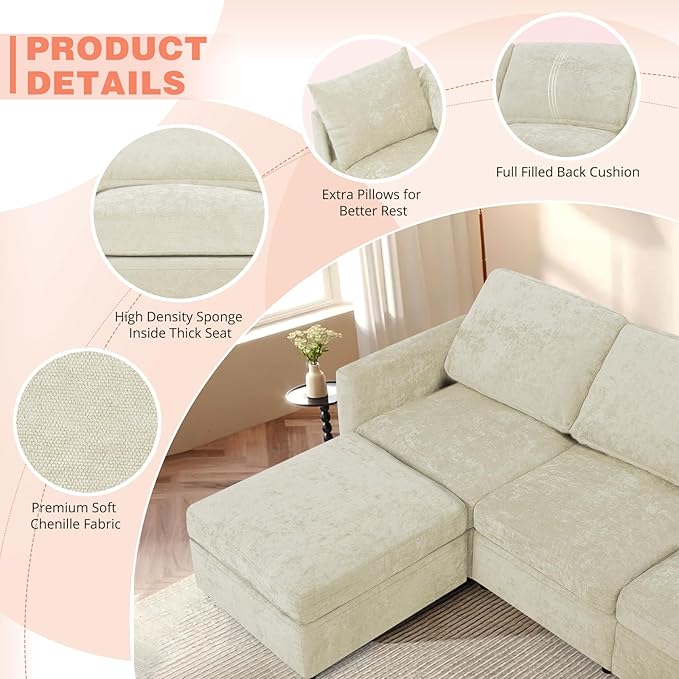 110” Chenille 4 Seats Sofa W/2 Movable Ottoman, Modern Fabric U-Shaped Couch with Soft Backrest, Upholstered Sectional Sofa with Armrest Pillows for Living Room, Office, Beige