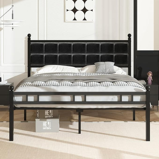 VECELO Full Metal Bed Frame, Faux PU Leather Platform Beds with Upholstered Headboard and Footboard, Strong Slats Support, 12" Underbed Storage, Noise-Free, No Boxing Spring Needed, PU Black