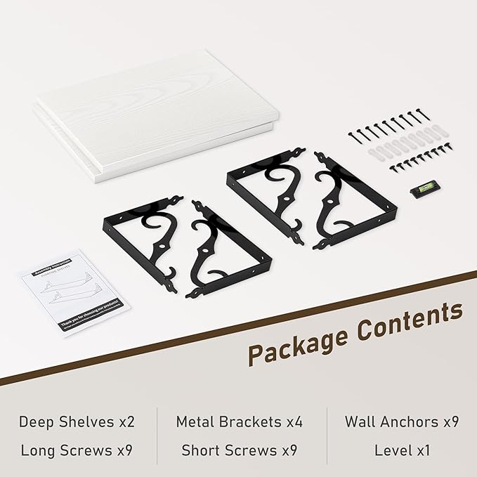 Deep Floating Shelves, 16" W x 12" D Wall Shelves Set of 2, Wide Display Shelf Wall Mounted with Brackets, Bookshelf for Living Room, Bathroom, Bedroom, White