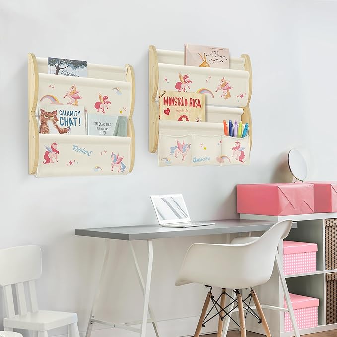 Wooden Wall Mounted Bookshelf for Kids Rooms, 4 Tier Floating Nursery Book Shelf, Kids Bookshelf with 2 Pockets, Toddler Sling Book Rack with Deep Sleeves (Unicorn)