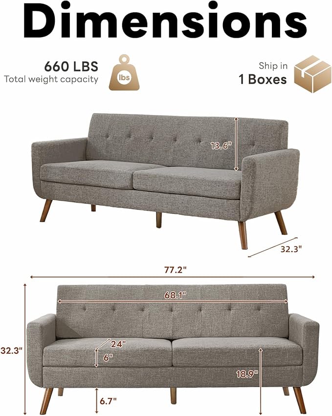Tbfit 77.2" W Linen Sofa Couch, Mid Century Modern Decor Loveseat Couches for Living Room, Button Tufted Upholstered Small Couch for Bedroom, Solid, and Easy to Install Love Seats Furniture, Grey