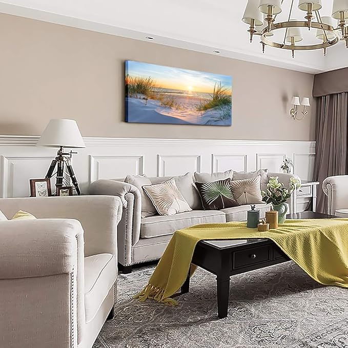 Wall Art For Living Room Large Size Wall Decorations Pictures Blue Sun Beach Grass Ocean Landscape Painting Office Wall Decor Canvas Prints Ready To Hang For Home Decoration Works Of Art 24" X 48"