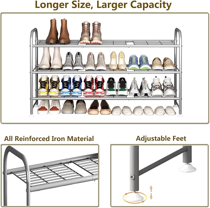 LINZINAR Shoe Rack 3 Tier Long Metal Shoe Organizer for Closet Entryway Grey