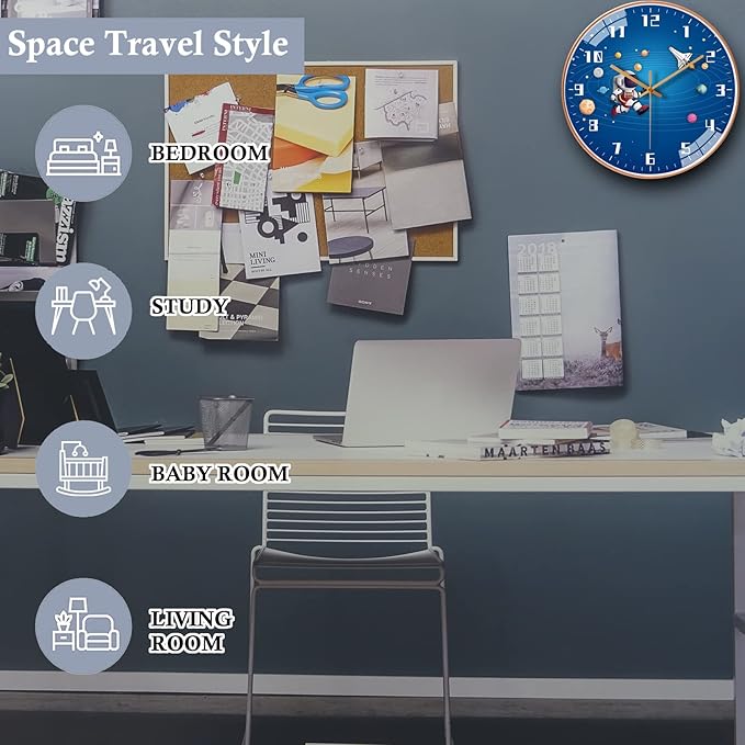 12 Inch Silent Movement Kids Wall Clock, Non Ticking Children Round Wall Clock Battery Operated Space Travel Style Decor Children Clock for Home School Boys Bedroom Living Room (Blue-2)