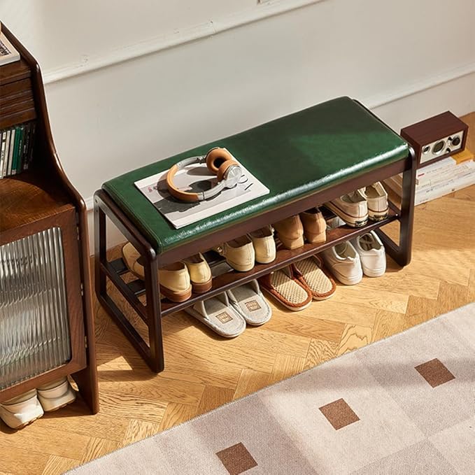 Solid Wood Bench, Entryway Shoe Rack Bench with Cushion, 2 Tier Shoe Cabinet with Bench Organizer for Hallway Living Room