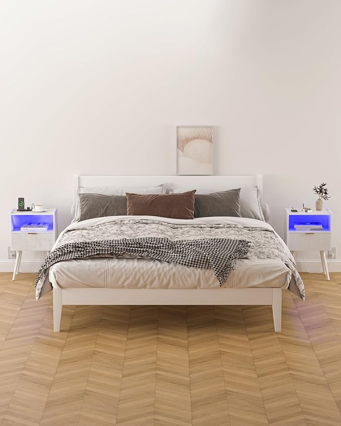 White Nightstand, Modern Bedside Table with Charging Station and LED Lights, Wood Night Stand with Drawer and Opening Storage